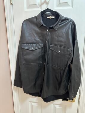 12th Tribe Faux Leather Button- Down Shirt Size S/M in Black
